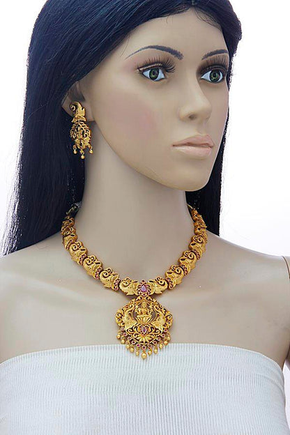 South Indian Matt Gold Plated Temple Necklace Set - Rentjewels