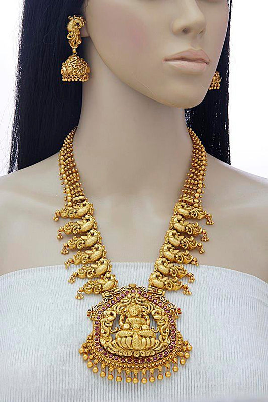 South Indian Temple Matt Gold Long Necklace Set - Rentjewels