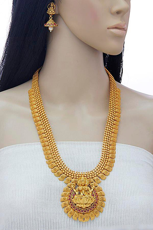 South Indian Matt Gold Temple Long Necklace Set - Rentjewels