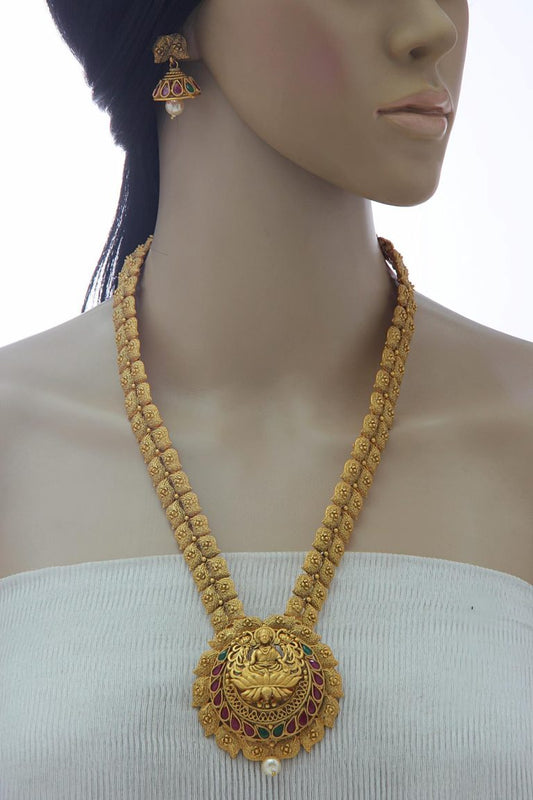 South Indian Matt Gold Temple Long Necklace Set - Rentjewels