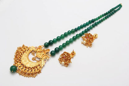 South Indian Matt Gold Temple Green Long Necklace Set - Rentjewels