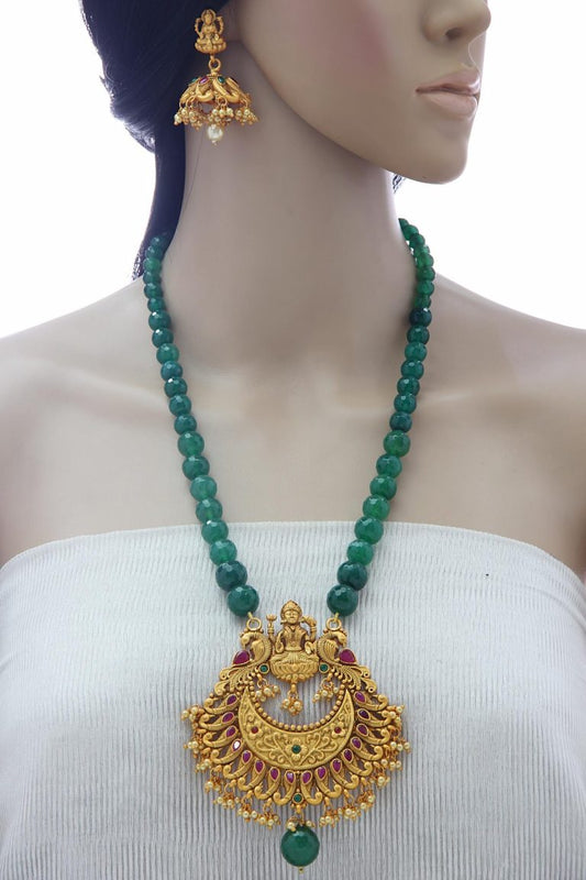 South Indian Matt Gold Temple Green Long Necklace Set - Rentjewels