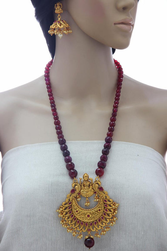 South Indian Matt Gold Temple Red Long Necklace Set - Rentjewels