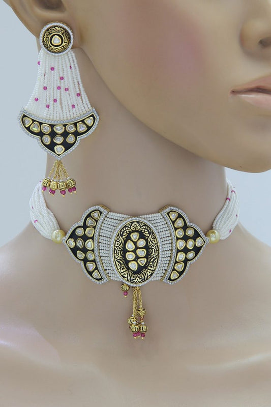 Polki Kundan Black Meena Pearls Choker Necklace Set - Rent Jewels