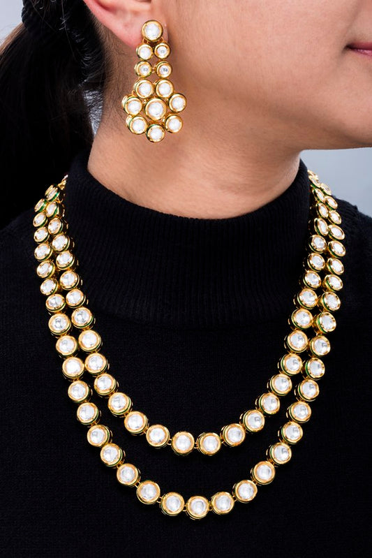 Elegant Round Polki Kundan 2-String Necklace Set - Rent Jewels