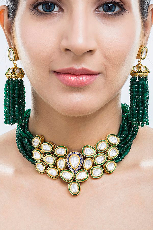 Designer Uncut Kundan Green Choker Necklace Set - Rent Jewels