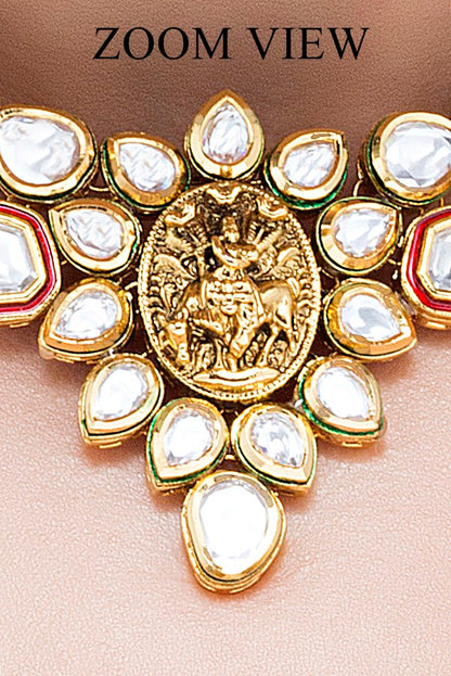 Fusion Temple Polki Kundan Red Meena Necklace Set - Rent Jewels