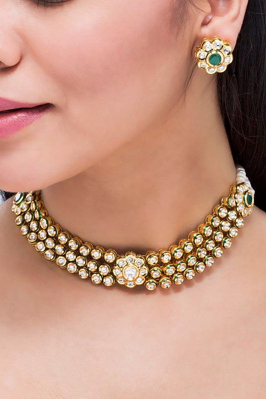 Polki Kundan Freshwater Pearls Choker Necklace Set - Rent Jewels