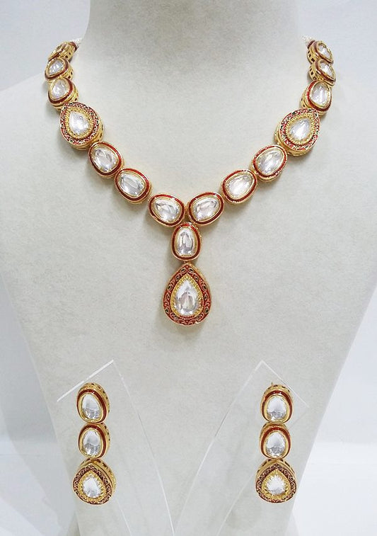 Uncut Polki Kundan Red Meena String Necklace Set - Rent Jewels