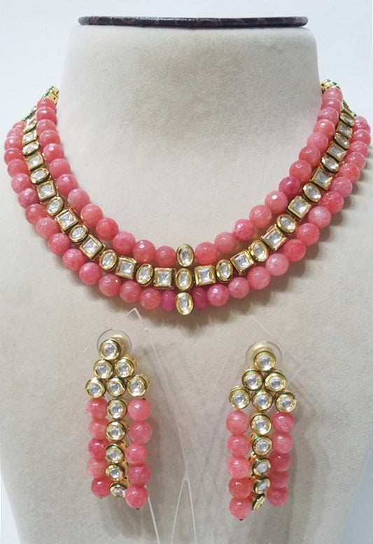 Layered Polki Kundan Pink Beads Necklace Set - Rent Jewels
