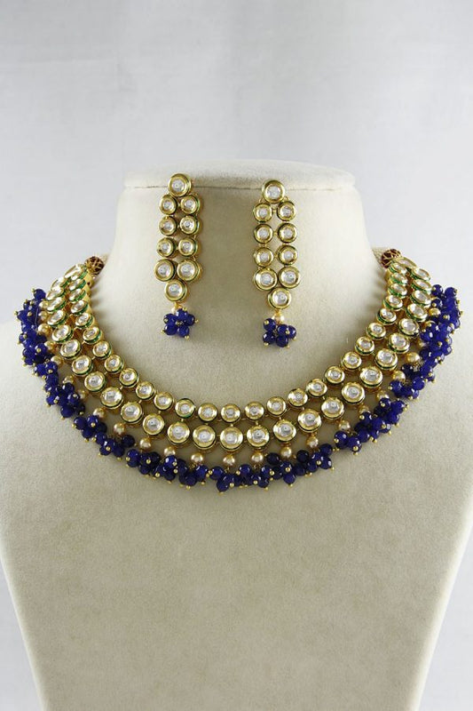 Polki Kundan Blue Drops 2-Layered Necklace Set - Rent Jewels
