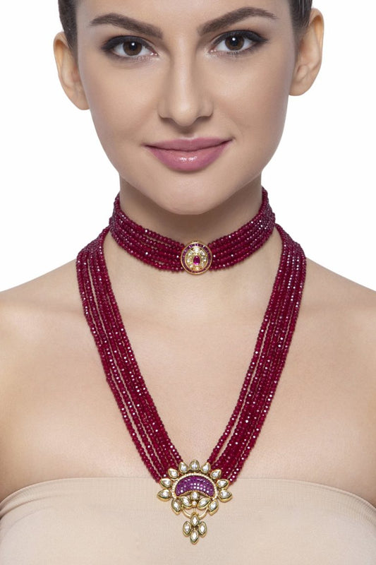 Ruby Red Beaded Layered Choker Long Kundan Necklace - Rentjewels