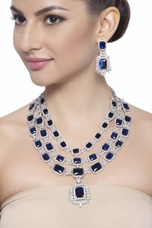 Layered Signity Diamonds Blue Swarovski Silver Necklace Set - Rentjewels