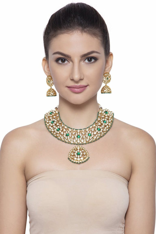 Polki Kundan Emerald Green Gemstone Necklace Set - Rentjewels