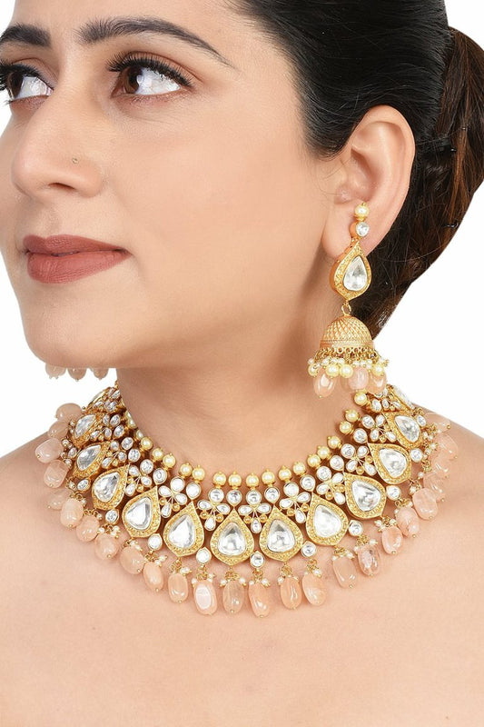 Antique Gold Kundan Choker Pink Necklace Set - Rentjewels