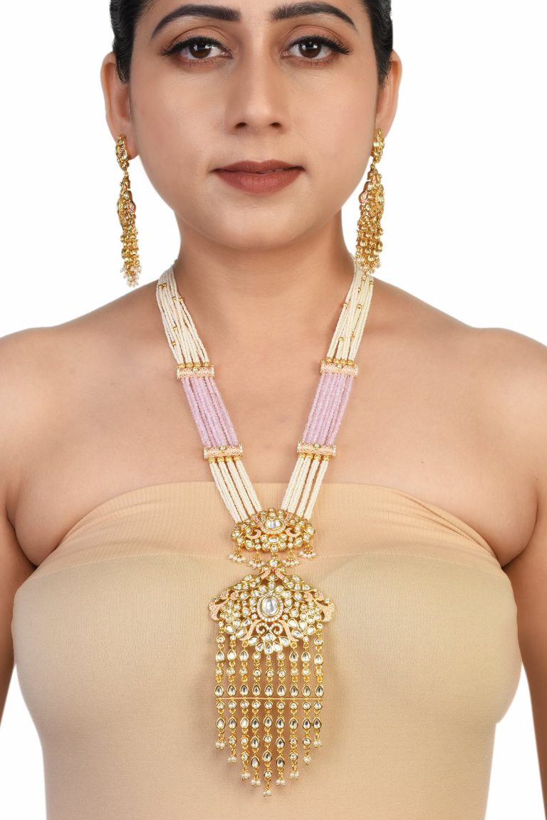 Pink Kundan Pendant White Pearls Long Necklace Set - Rentjewels