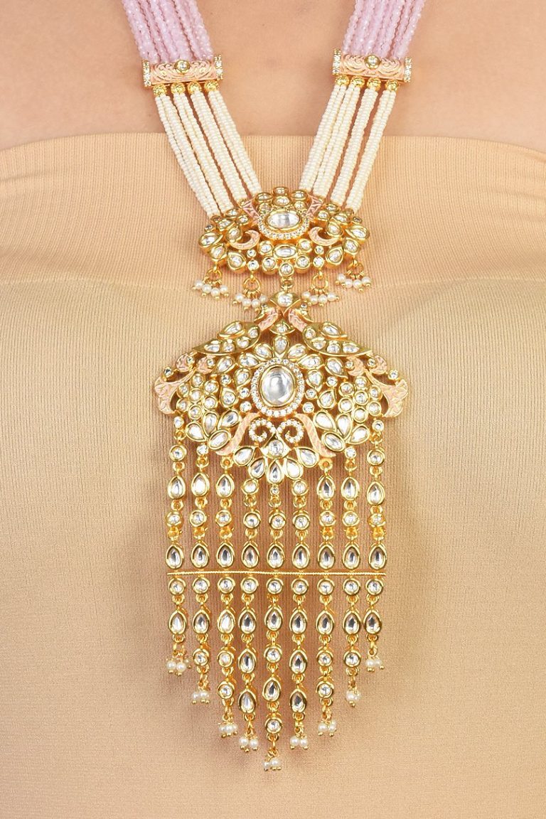 Pink Kundan Pendant White Pearls Long Necklace Set - Rentjewels
