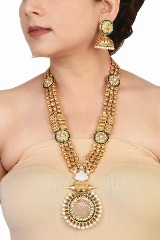 Antique Gold Pendant Kundan Pink Long Necklace Set - Rentjewels