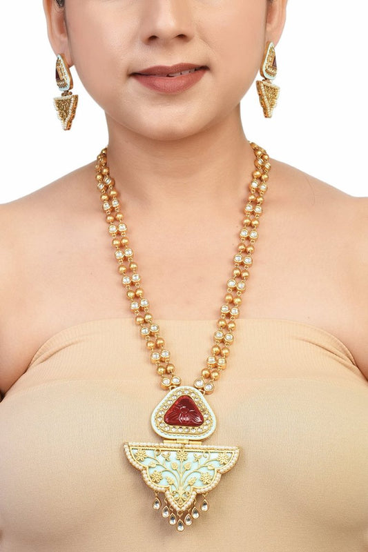 Mint Green Gold Pendant Kundan Long Necklace Set - Rentjewels
