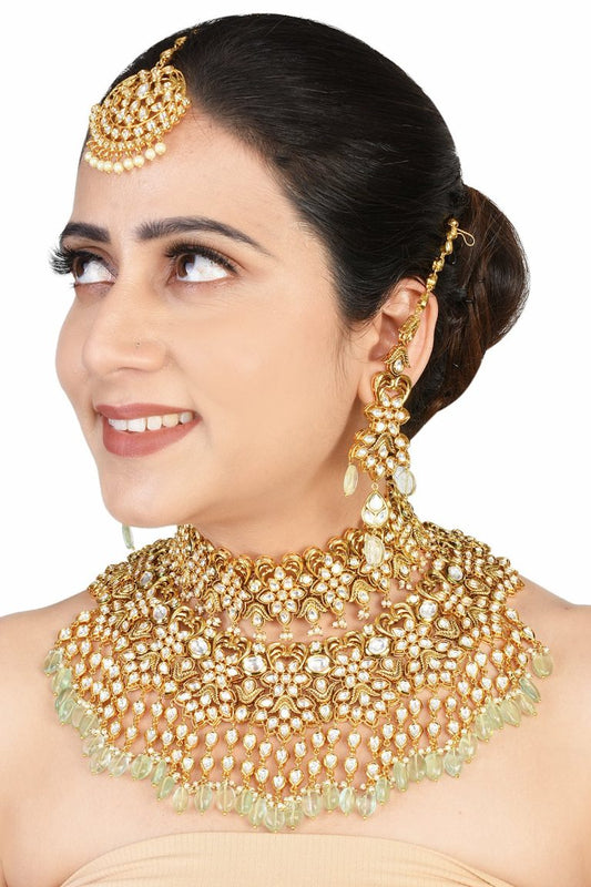 Kundan Choker Heavy Bridal Necklace Set with Accessories - Rentjewels