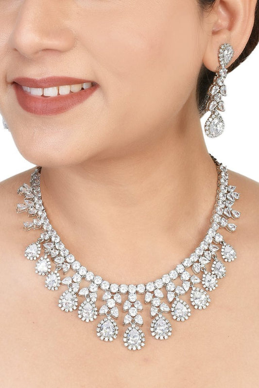 CZ White Diamond Silver Necklace Set - Rentjewels