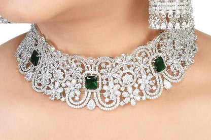 Swarovski Green CZ White Diamond Silver Choker Necklace Set - Rentjewels