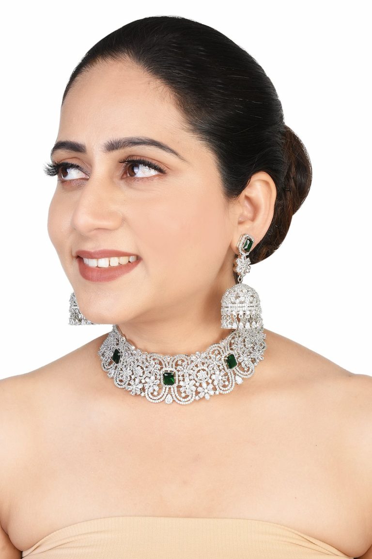 Swarovski Green CZ White Diamond Silver Choker Necklace Set - Rentjewels