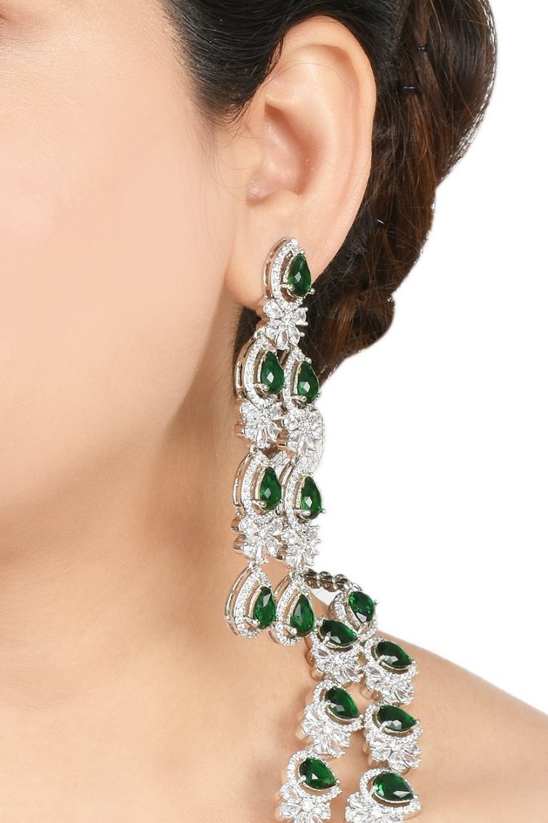Swarovski Green CZ Diamond Silver Long Layered Necklace Set - Rentjewels