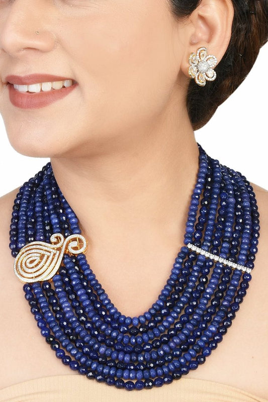 Statement Layered Blue CZ Diamond Side Pendant Necklace Set - Rentjewels
