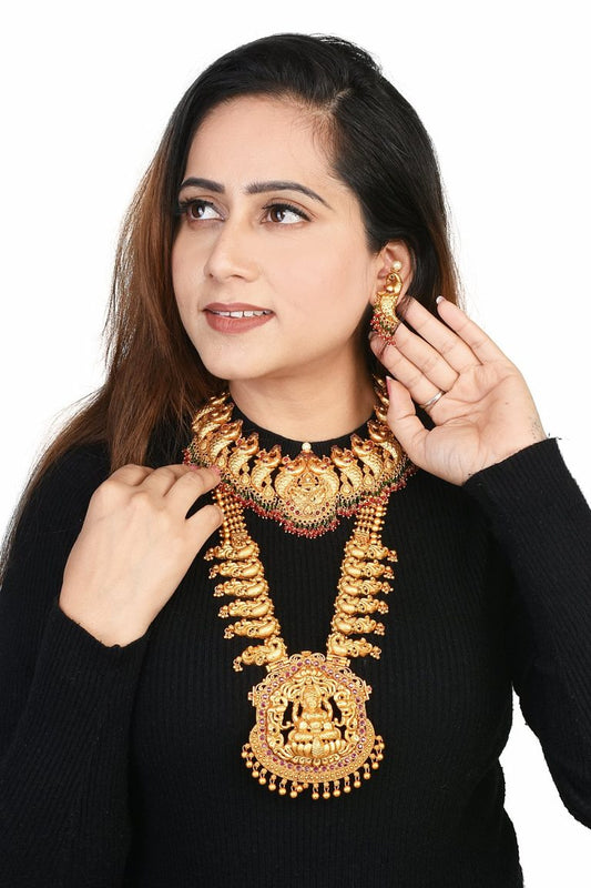 South Indian Temple Bridal Matt Gold Full Necklace Set - Rentjewels