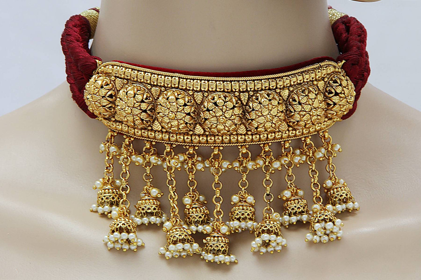 Gold Plated Red Band Choker Necklace Set - Rent Jewels