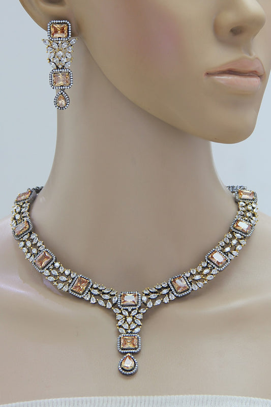 CZ Diamonds Champagne Swarovski Silver Necklace Set - Rent Jewels