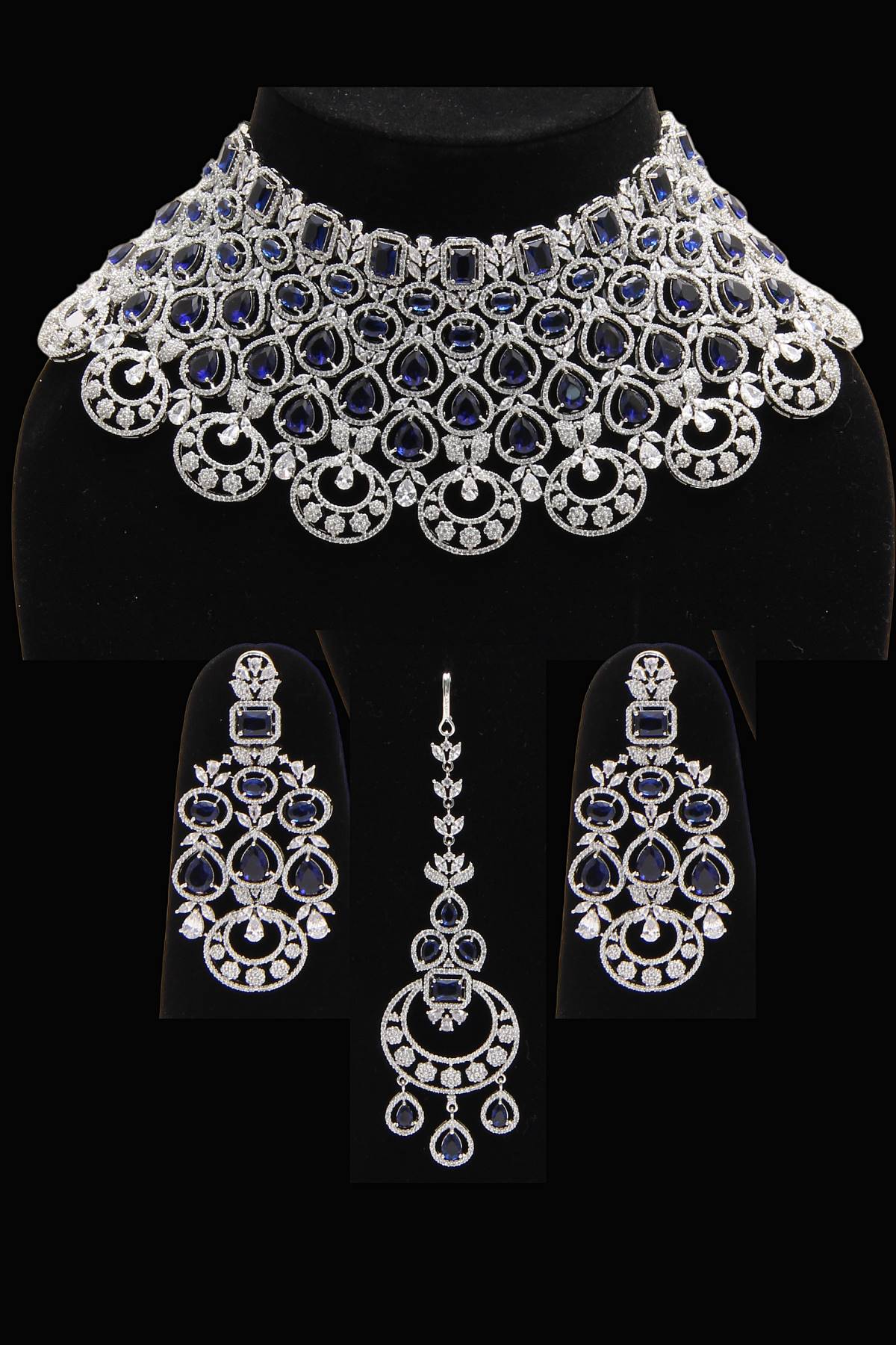 American Diamonds Silver Blue Swarovski Choker Wedding Necklace Jewelry Set