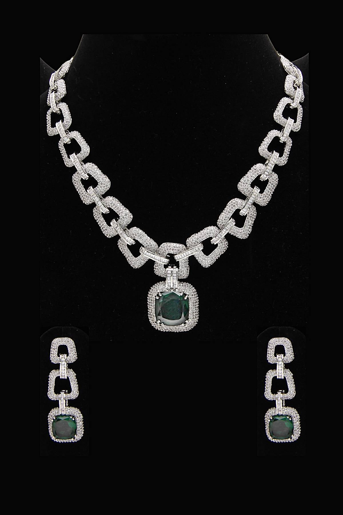 American Diamonds Silver Green Swarovski Long Cocktail Engagement Necklace Set