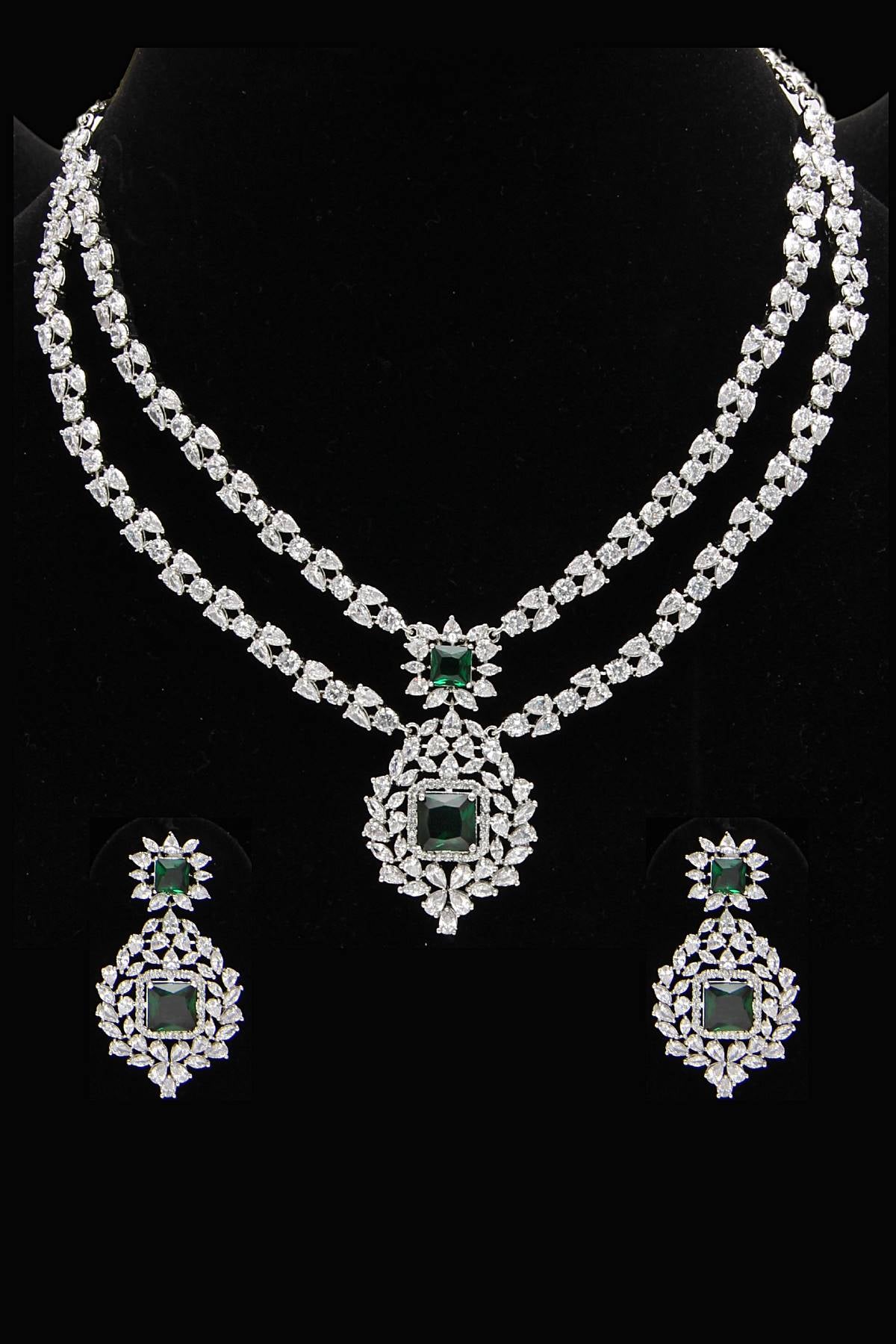 Layered American Diamonds Green Swarovski Cocktail Necklace Jewelry Set