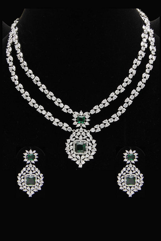 Layered American Diamonds Green Swarovski Cocktail Necklace Jewelry Set