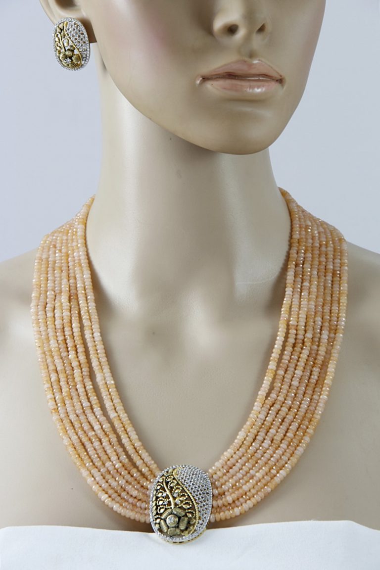 Layered Peach Beaded Signity Diamonds Long Necklace Set - Rent Jewels