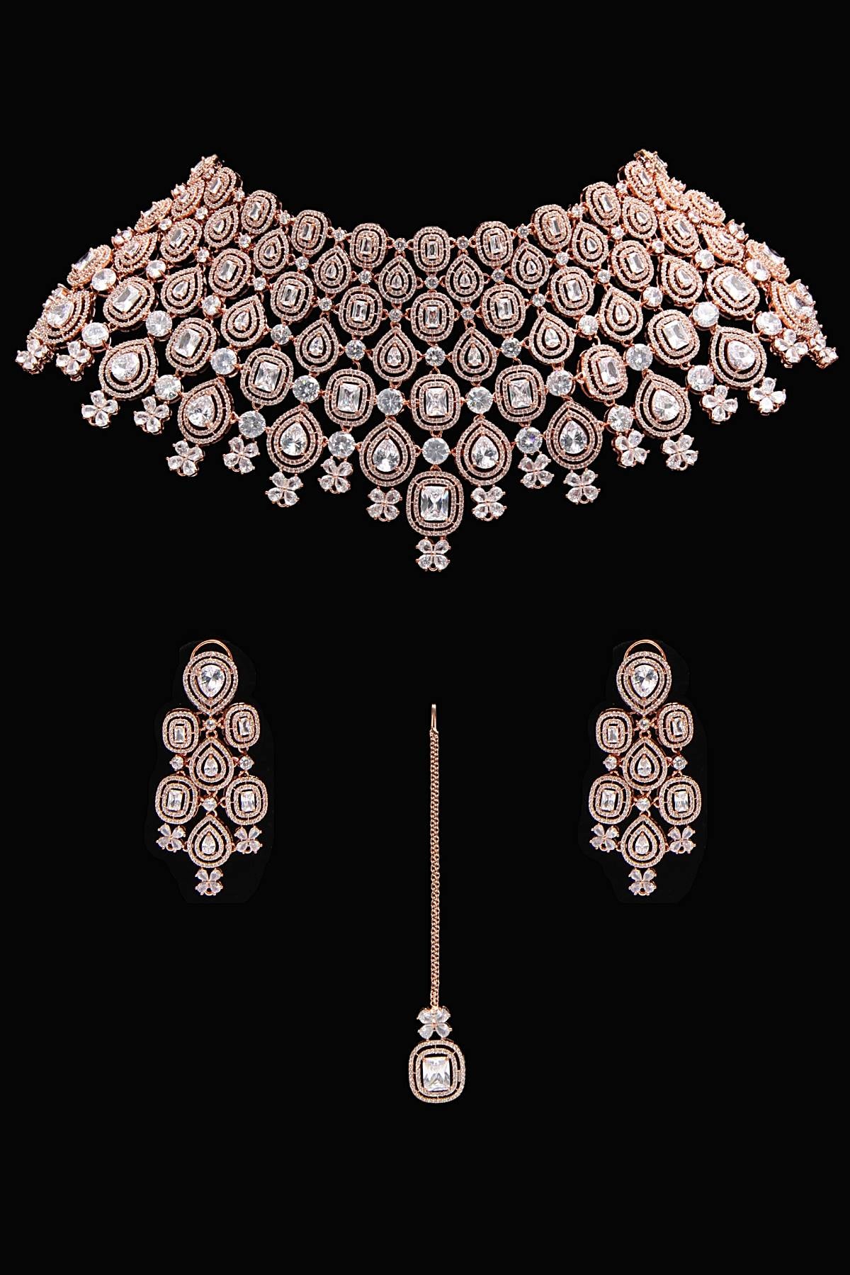Rose Gold Plated Signity Diamonds Choker Necklace Jewelry Set - Rent Jewels