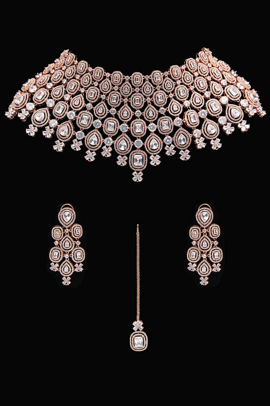 Rose Gold Plated Signity Diamonds Choker Necklace Jewelry Set
