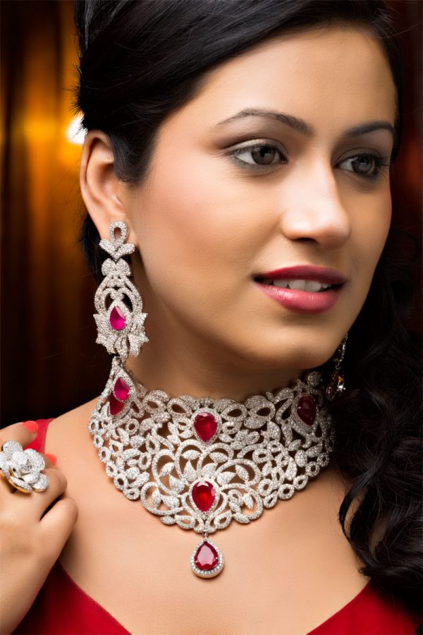 Opulent Diamond Choker Ruby Necklace Set