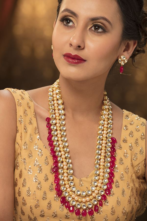 Ethnic Kundan Long Necklace Set With Ruby Beads - Rentjewels