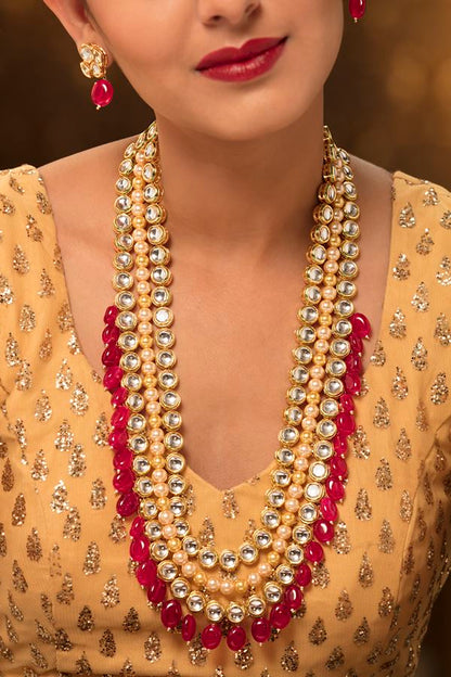 Ethnic Kundan Long Necklace Set With Ruby Beads