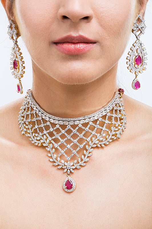 Gorgeous Diamonds Ruby Choker Necklace Set - Rentjewels