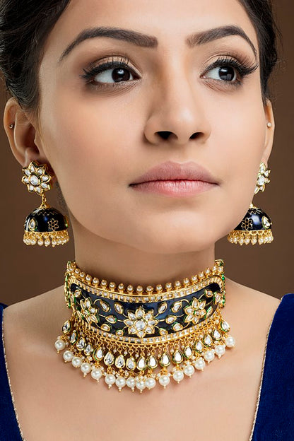 Jadau Kundan Blue Meena Choker Necklace Set