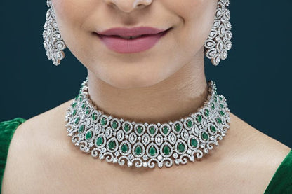 Signity Diamonds Emerald Green Choker Silver Necklace Set - Rent Jewels