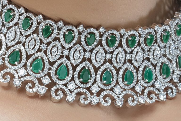 Signity Diamonds Emerald Green Choker Silver Necklace Set - Rent Jewels
