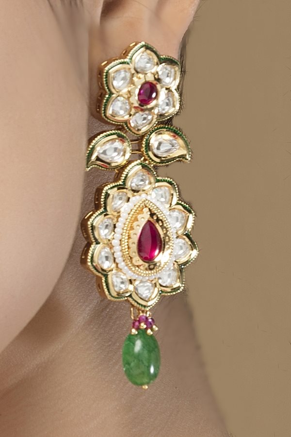 Top-Of-Line Polki Kundan Emerald Green Necklace Set - Rent Jewels