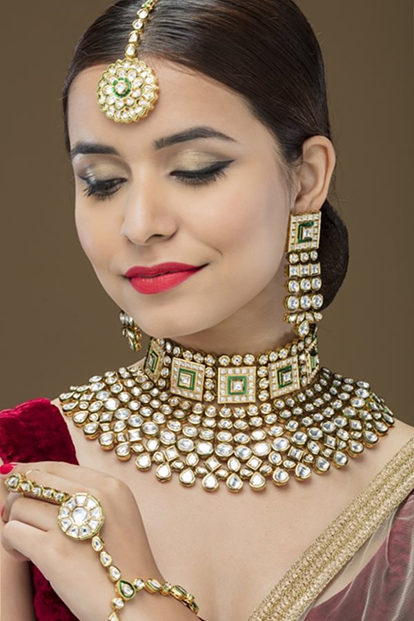 Grand Kundan Choker Full Bridal Necklace Set - Rent Jewels