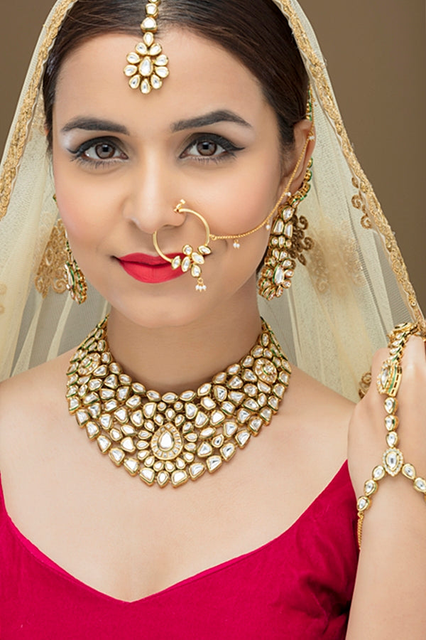 Elegant Polki Kundan V-Shape Bridal Necklace Set - Rent Jewels