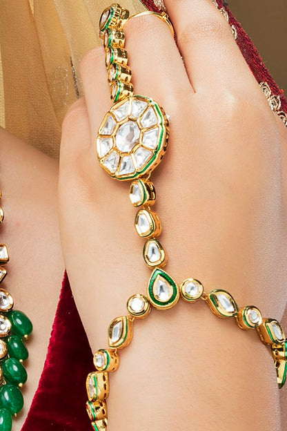 Graceful Polki Kundan Green Enamel Full Bridal Set - Rent Jewels